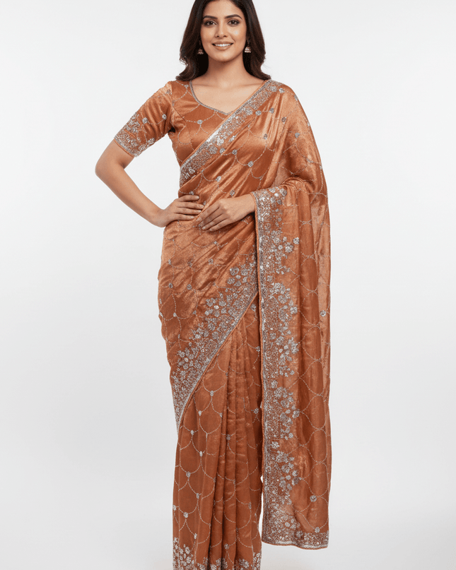 Bollywood Style Fendy Satin Saree with Sequins Brits Work & Designer Blouse - Rosepetals Luxe