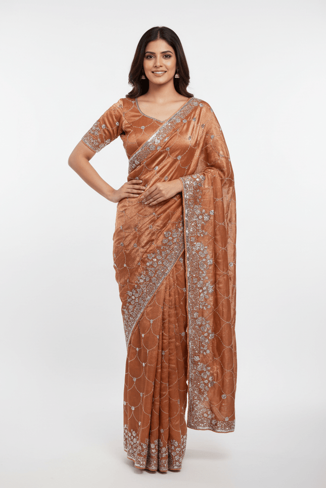 Bollywood Style Fendy Satin Saree with Sequins Brits Work & Designer Blouse - Rosepetals Luxe