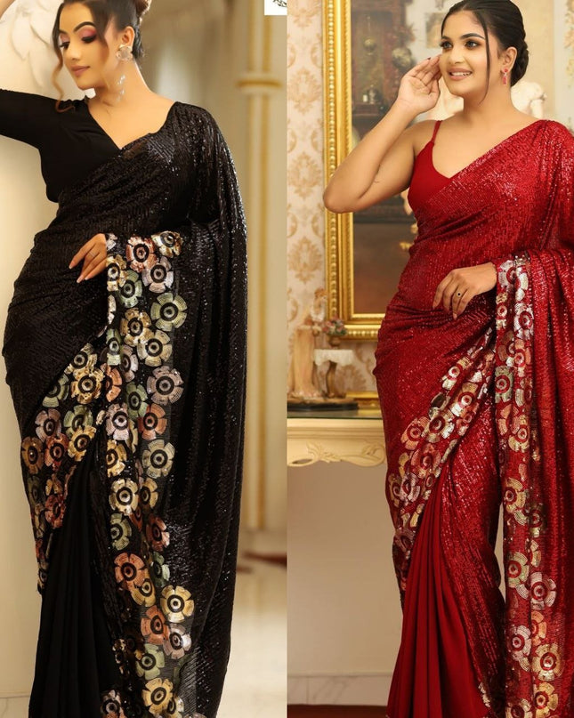 Bollywood Style Georgette Saree with Dual Sequins Embroidery - Rosepetals Luxe