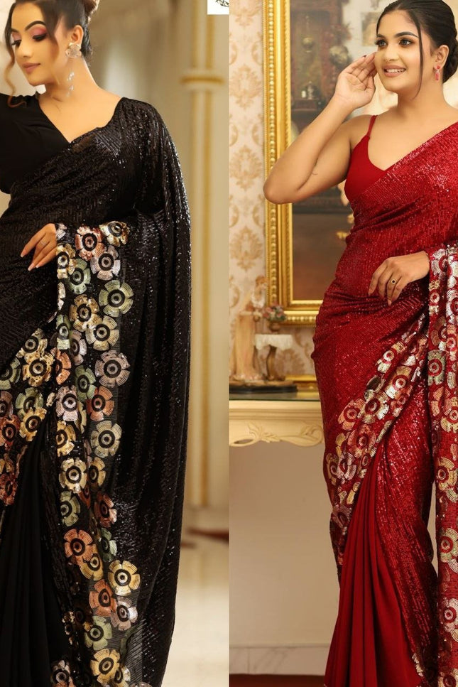 Bollywood Style Georgette Saree with Dual Sequins Embroidery - Rosepetals Luxe