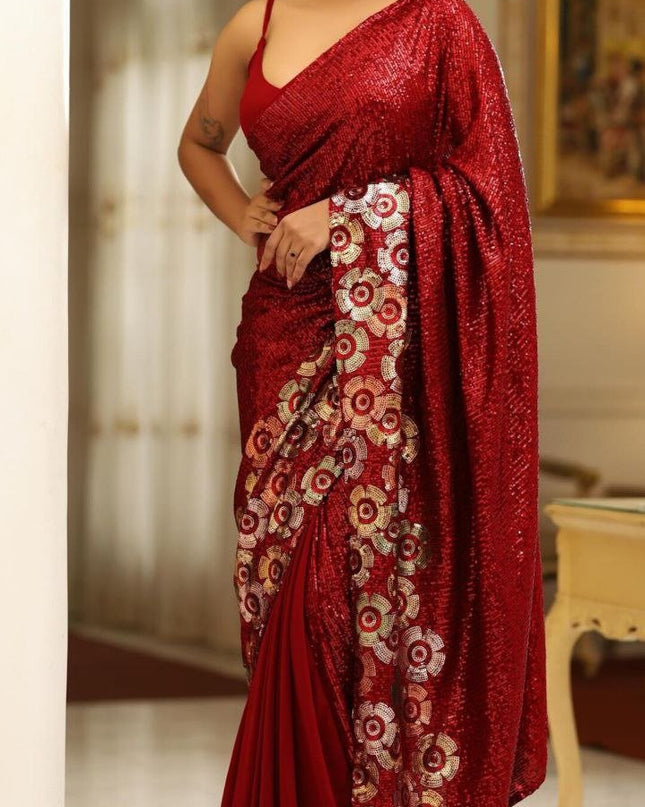 Bollywood Style Georgette Saree with Dual Sequins Embroidery - Rosepetals Luxe