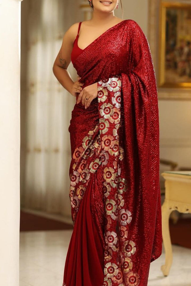 Bollywood Style Georgette Saree with Dual Sequins Embroidery - Rosepetals Luxe