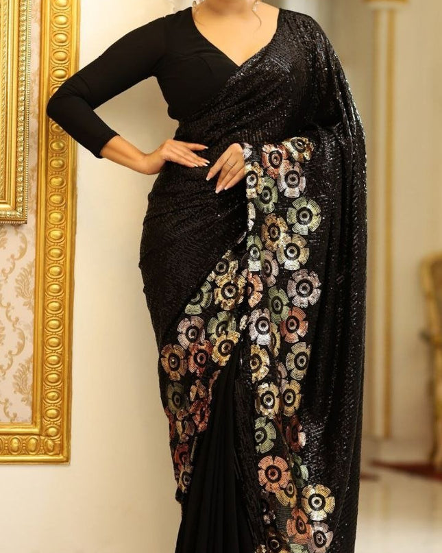 Bollywood Style Georgette Saree with Dual Sequins Embroidery - Rosepetals Luxe