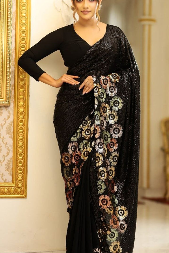 Bollywood Style Georgette Saree with Dual Sequins Embroidery - Rosepetals Luxe