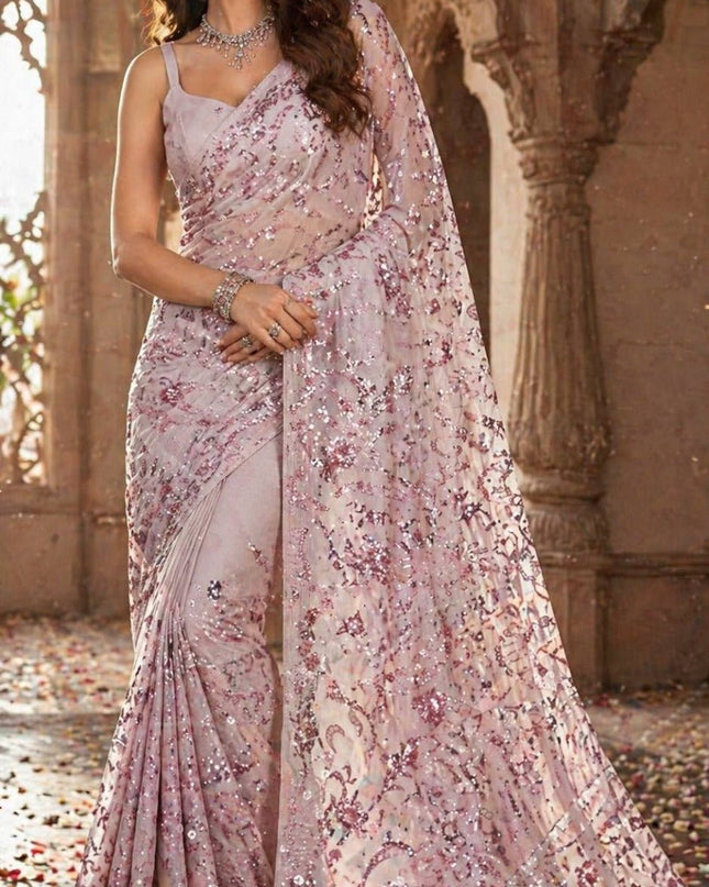 Bollywood Style Heavy Sequins Saree with Mulberry Silk Blouse - Rosepetals Luxe