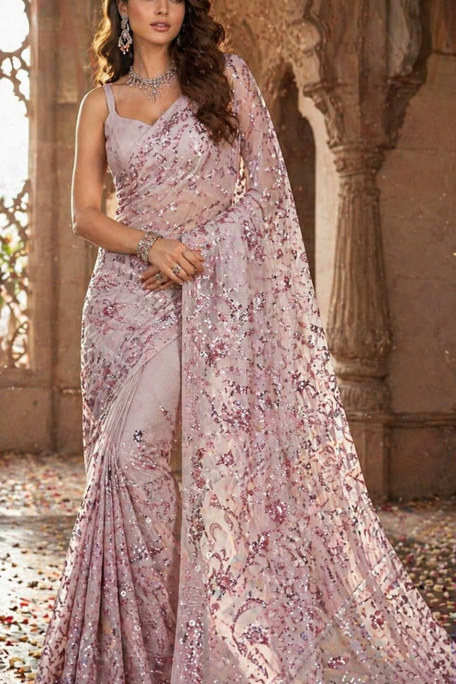 Bollywood Style Heavy Sequins Saree with Mulberry Silk Blouse - Rosepetals Luxe