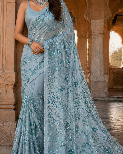 Bollywood Style Heavy Sequins Saree with Mulberry Silk Blouse - Rosepetals Luxe