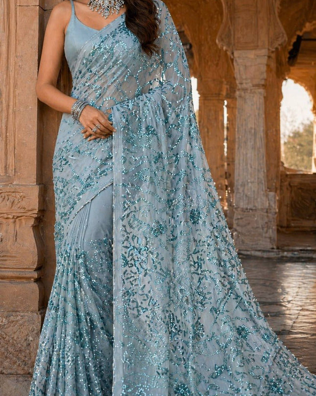 Bollywood Style Heavy Sequins Saree with Mulberry Silk Blouse - Rosepetals Luxe