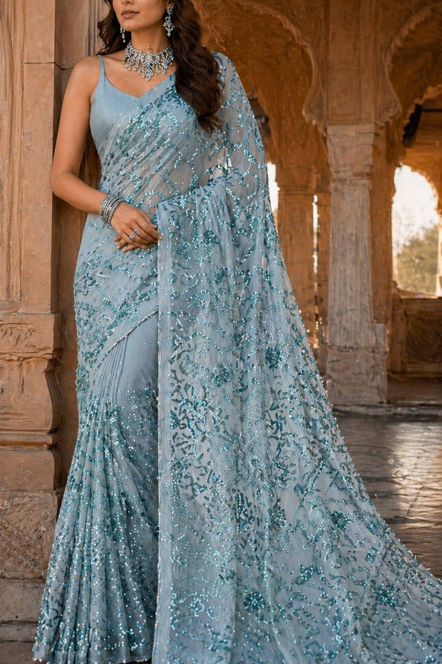 Bollywood Style Heavy Sequins Saree with Mulberry Silk Blouse - Rosepetals Luxe