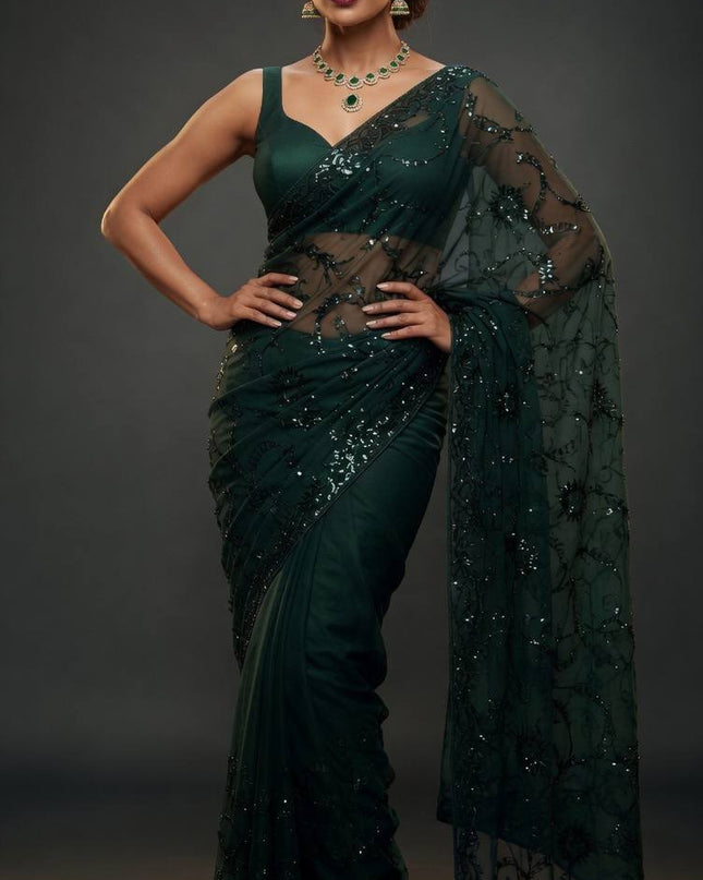 Bollywood Style Heavy Sequins Saree with Mulberry Silk Blouse - Rosepetals Luxe