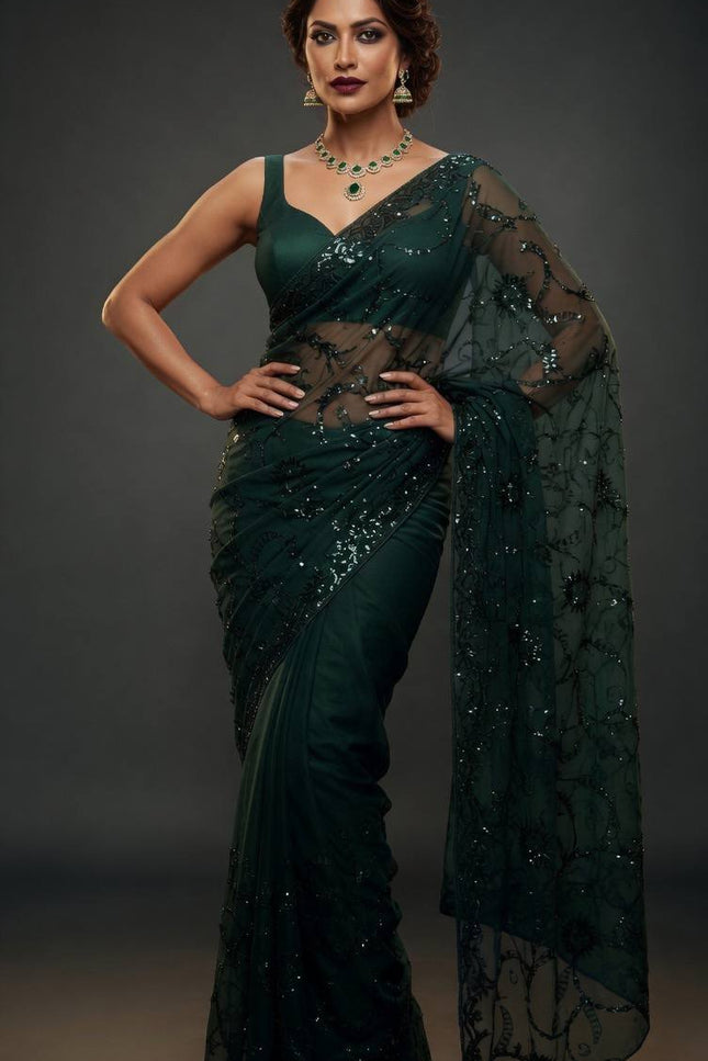 Bollywood Style Heavy Sequins Saree with Mulberry Silk Blouse - Rosepetals Luxe
