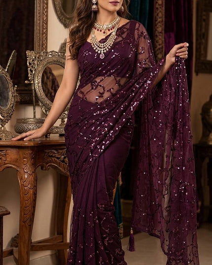 Bollywood Style Heavy Sequins Saree with Mulberry Silk Blouse - Rosepetals Luxe