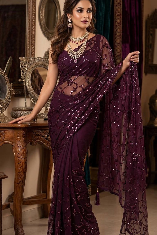 Bollywood Style Heavy Sequins Saree with Mulberry Silk Blouse - Rosepetals Luxe