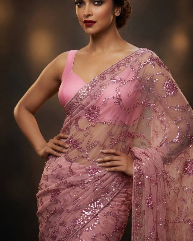 Bollywood Style Heavy Sequins Saree with Mulberry Silk Blouse - Rosepetals Luxe