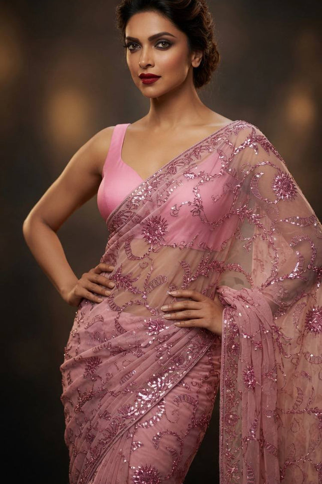 Bollywood Style Heavy Sequins Saree with Mulberry Silk Blouse - Rosepetals Luxe