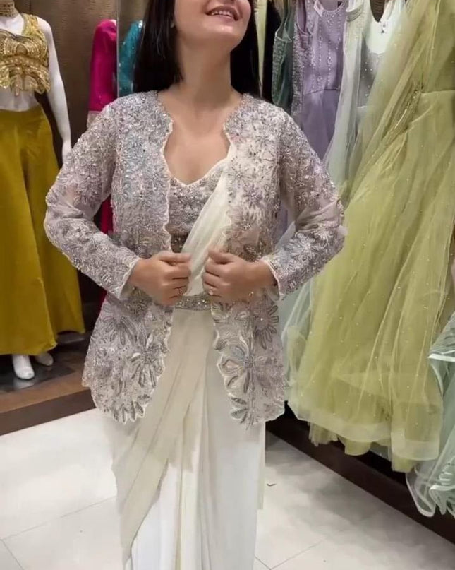 Bollywood Style Ready - to - Wear Drape Saree with Embroidery Jacket & Belt - Rosepetals Luxe