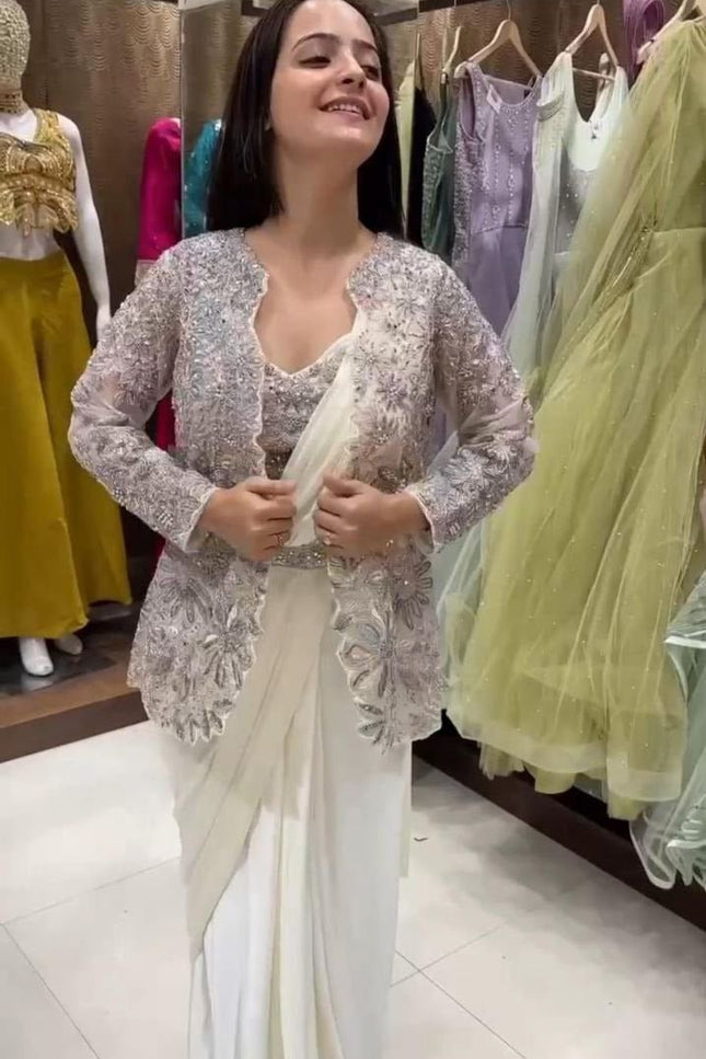 Bollywood Style Ready - to - Wear Drape Saree with Embroidery Jacket & Belt - Rosepetals Luxe