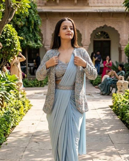 Bollywood Style Ready - to - Wear Drape Saree with Embroidery Jacket & Belt - Rosepetals Luxe