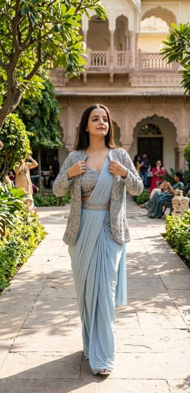 Bollywood Style Ready - to - Wear Drape Saree with Embroidery Jacket & Belt - Rosepetals Luxe