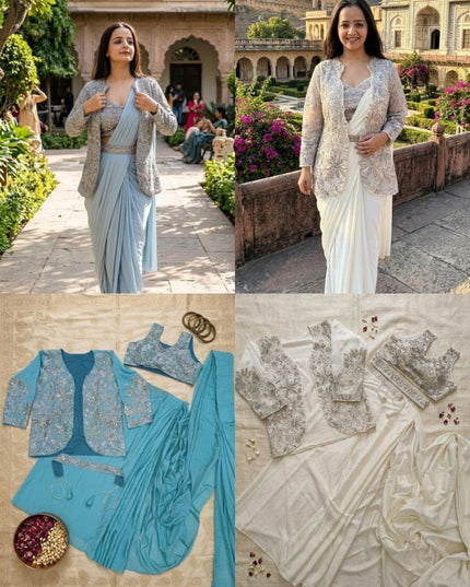 Bollywood Style Ready - to - Wear Drape Saree with Embroidery Jacket & Belt - Rosepetals Luxe
