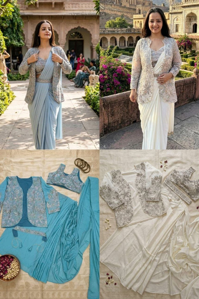 Bollywood Style Ready - to - Wear Drape Saree with Embroidery Jacket & Belt - Rosepetals Luxe