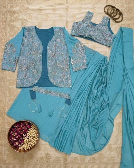 Bollywood Style Ready - to - Wear Drape Saree with Embroidery Jacket & Belt - Rosepetals Luxe