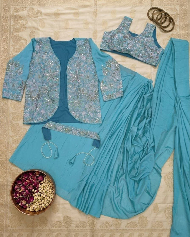 Bollywood Style Ready - to - Wear Drape Saree with Embroidery Jacket & Belt - Rosepetals Luxe