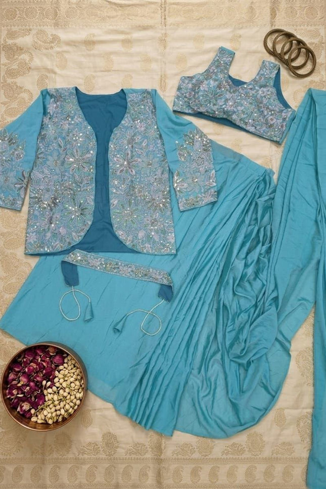 Bollywood Style Ready - to - Wear Drape Saree with Embroidery Jacket & Belt - Rosepetals Luxe