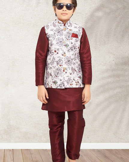 Boys Banarasi Silk Printed 3 - Piece Kurta Jacket Set with Churidar Pyjama - Rosepetals Luxe