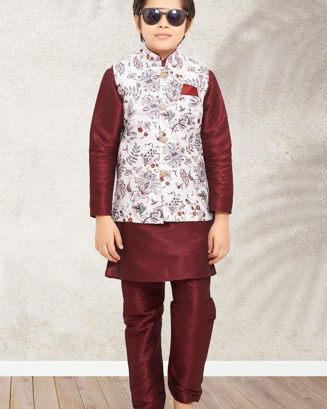 Boys Banarasi Silk Printed 3 - Piece Kurta Jacket Set with Churidar Pyjama - Rosepetals Luxe