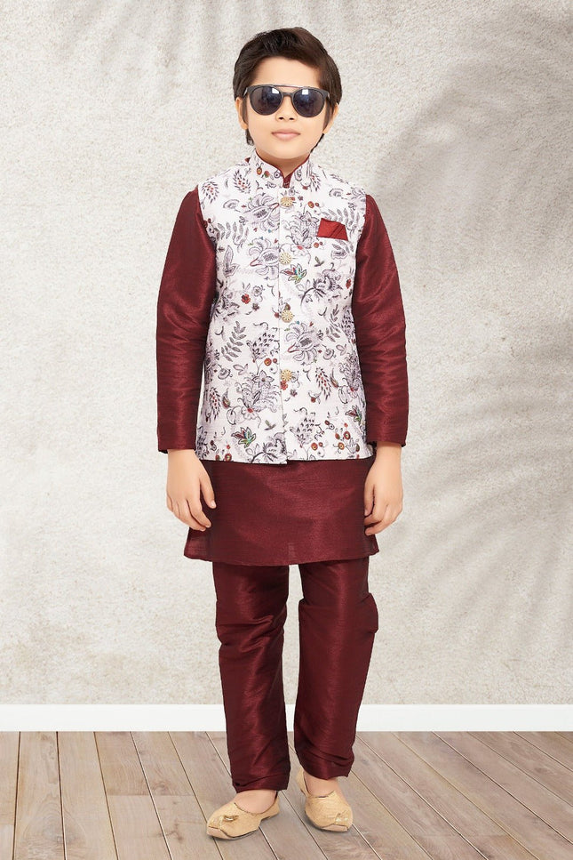 Boys Banarasi Silk Printed 3 - Piece Kurta Jacket Set with Churidar Pyjama - Rosepetals Luxe