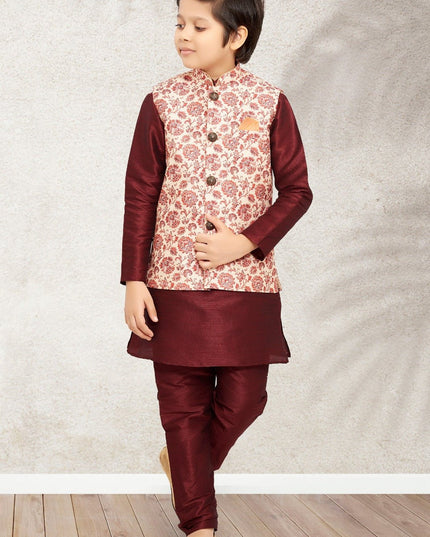 Boys Banarasi Silk Printed 3 - Piece Kurta Jacket Set with Churidar Pyjama - Rosepetals Luxe