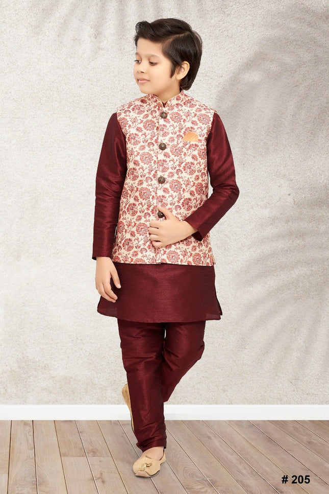Boys Banarasi Silk Printed 3 - Piece Kurta Jacket Set with Churidar Pyjama - Rosepetals Luxe
