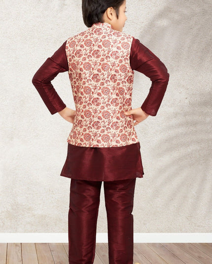 Boys Banarasi Silk Printed 3 - Piece Kurta Jacket Set with Churidar Pyjama - Rosepetals Luxe