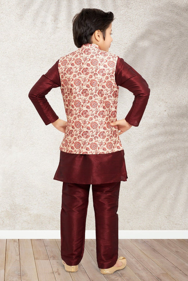 Boys Banarasi Silk Printed 3 - Piece Kurta Jacket Set with Churidar Pyjama - Rosepetals Luxe