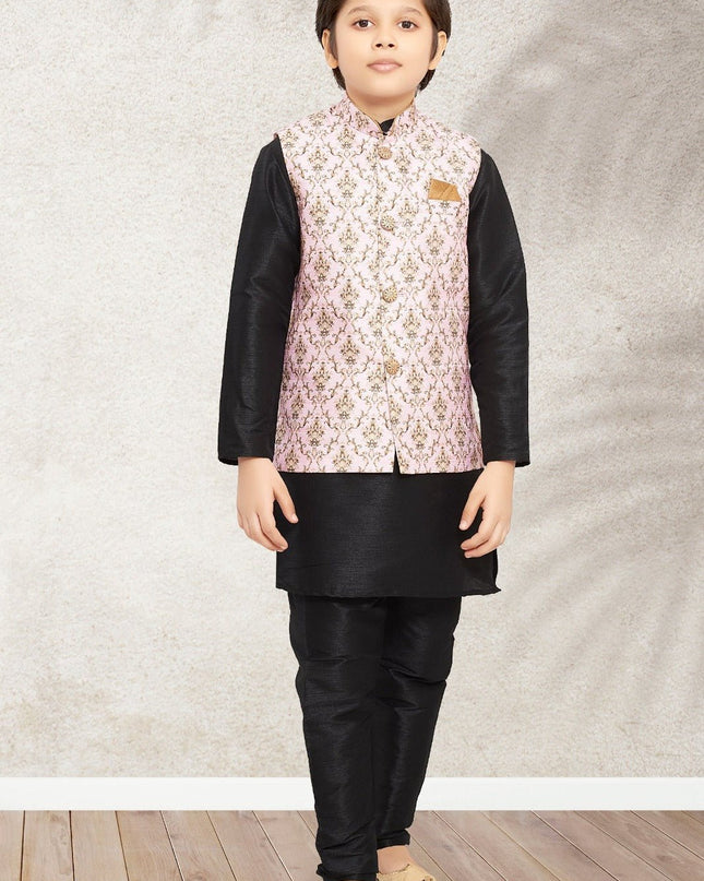 Boys Banarasi Silk Printed 3 - Piece Kurta Jacket Set with Churidar Pyjama - Rosepetals Luxe