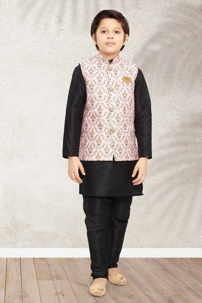 Boys Banarasi Silk Printed 3 - Piece Kurta Jacket Set with Churidar Pyjama - Rosepetals Luxe