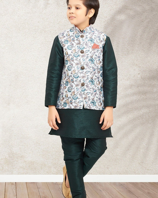 Boys Banarasi Silk Printed 3 - Piece Kurta Jacket Set with Churidar Pyjama - Rosepetals Luxe