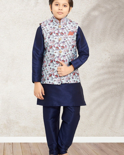 Boys Banarasi Silk Printed 3 - Piece Kurta Jacket Set with Churidar Pyjama - Rosepetals Luxe