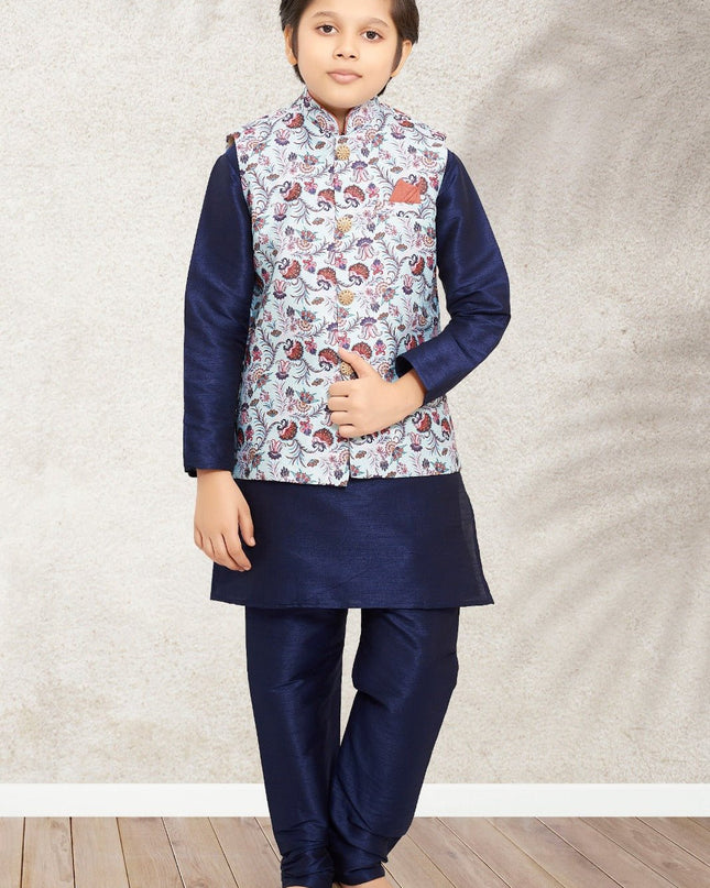 Boys Banarasi Silk Printed 3 - Piece Kurta Jacket Set with Churidar Pyjama - Rosepetals Luxe