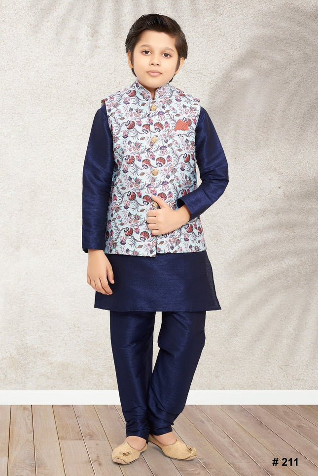 Boys Banarasi Silk Printed 3 - Piece Kurta Jacket Set with Churidar Pyjama - Rosepetals Luxe