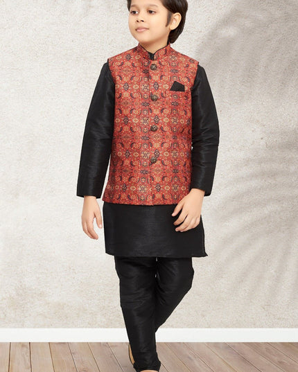 Boys Banarasi Silk Printed 3 - Piece Kurta Jacket Set with Churidar Pyjama - Rosepetals Luxe
