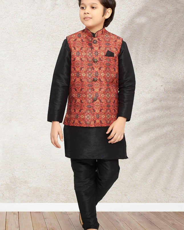 Boys Banarasi Silk Printed 3 - Piece Kurta Jacket Set with Churidar Pyjama - Rosepetals Luxe