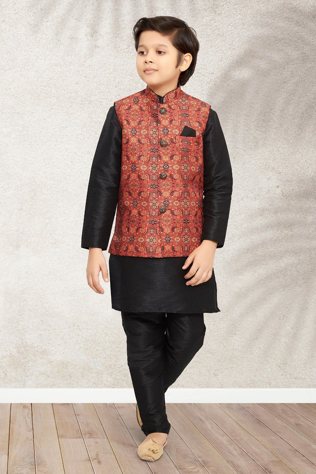 Boys Banarasi Silk Printed 3 - Piece Kurta Jacket Set with Churidar Pyjama - Rosepetals Luxe