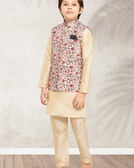 Boys Banarasi Silk Printed 3 - Piece Kurta Jacket Set with Churidar Pyjama - Rosepetals Luxe