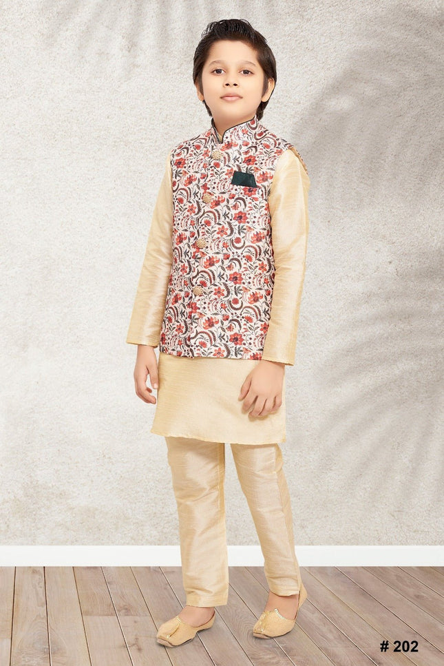Boys Banarasi Silk Printed 3 - Piece Kurta Jacket Set with Churidar Pyjama - Rosepetals Luxe