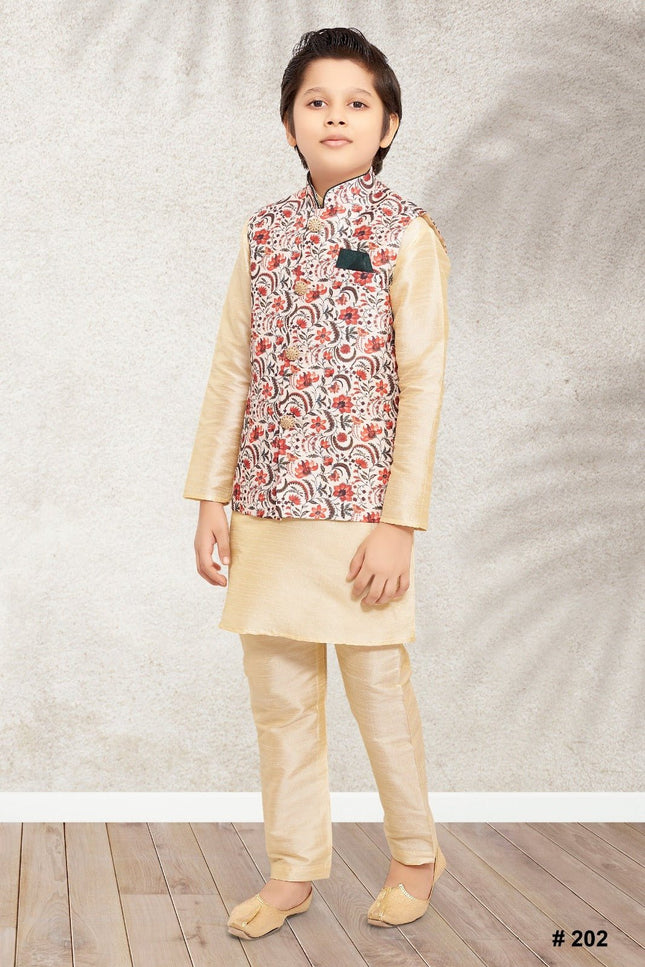 Boys Banarasi Silk Printed 3 - Piece Kurta Jacket Set with Churidar Pyjama - Rosepetals Luxe