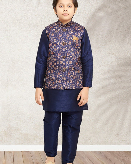 Boys Banarasi Silk Printed 3 - Piece Kurta Jacket Set with Churidar Pyjama - Rosepetals Luxe