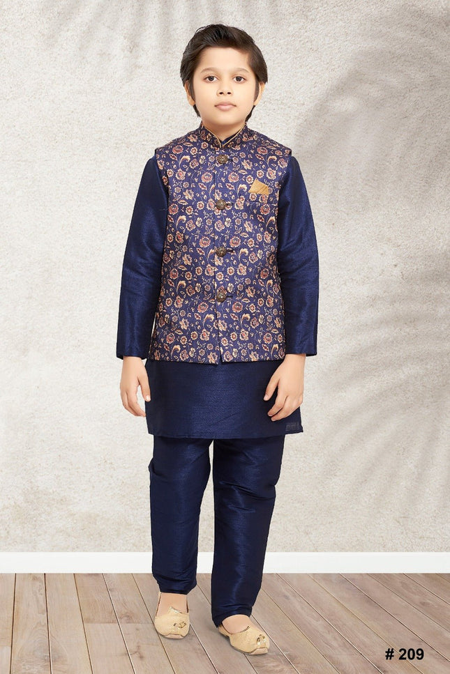 Boys Banarasi Silk Printed 3 - Piece Kurta Jacket Set with Churidar Pyjama - Rosepetals Luxe