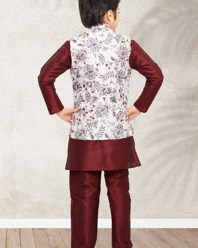 Boys Banarasi Silk Printed 3 - Piece Kurta Jacket Set with Churidar Pyjama - Rosepetals Luxe